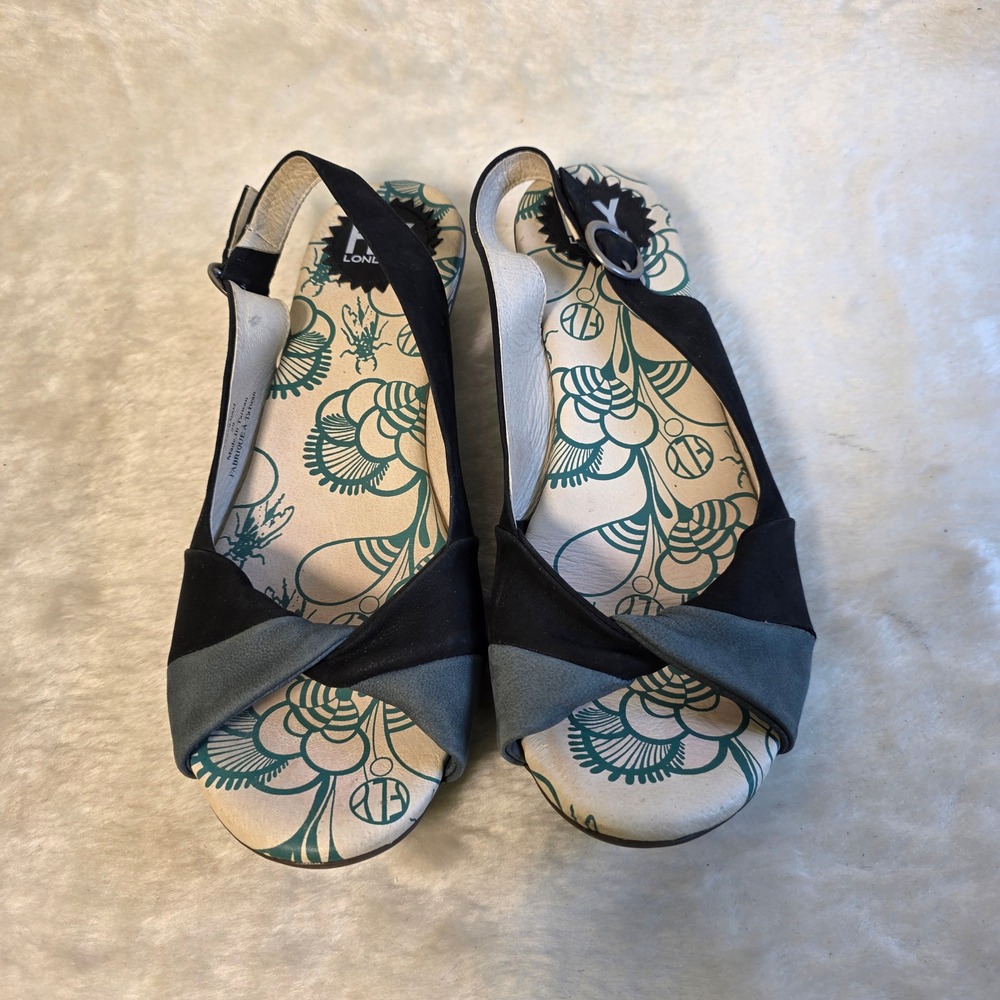 Fly London Suede Slingback Sandals Black Grey Peep Toe Women 39 8 Excellent